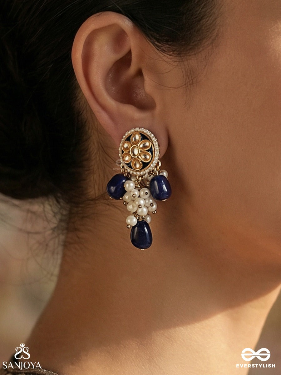 Nilotkarsh - Rise Of Blue - Statement Earrings With Floral Polki Top And Deep Blue Drop Accents