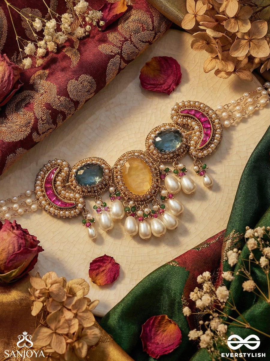 Kanakchitra - Golden Artistry - Ornate Necklace With Colourful Gem Panels And Dangling Pearl Details