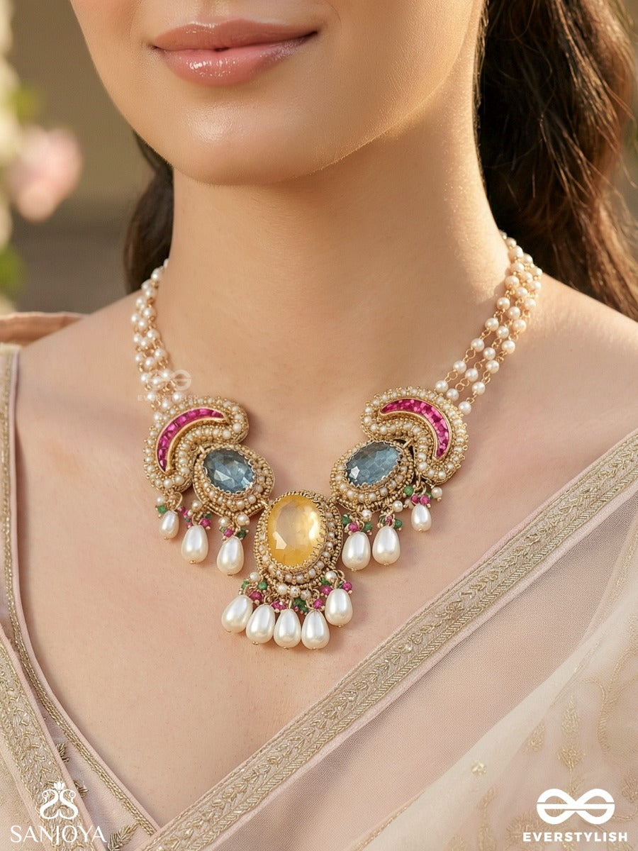 Kanakchitra - Golden Artistry - Ornate Necklace With Colourful Gem Panels And Dangling Pearl Details