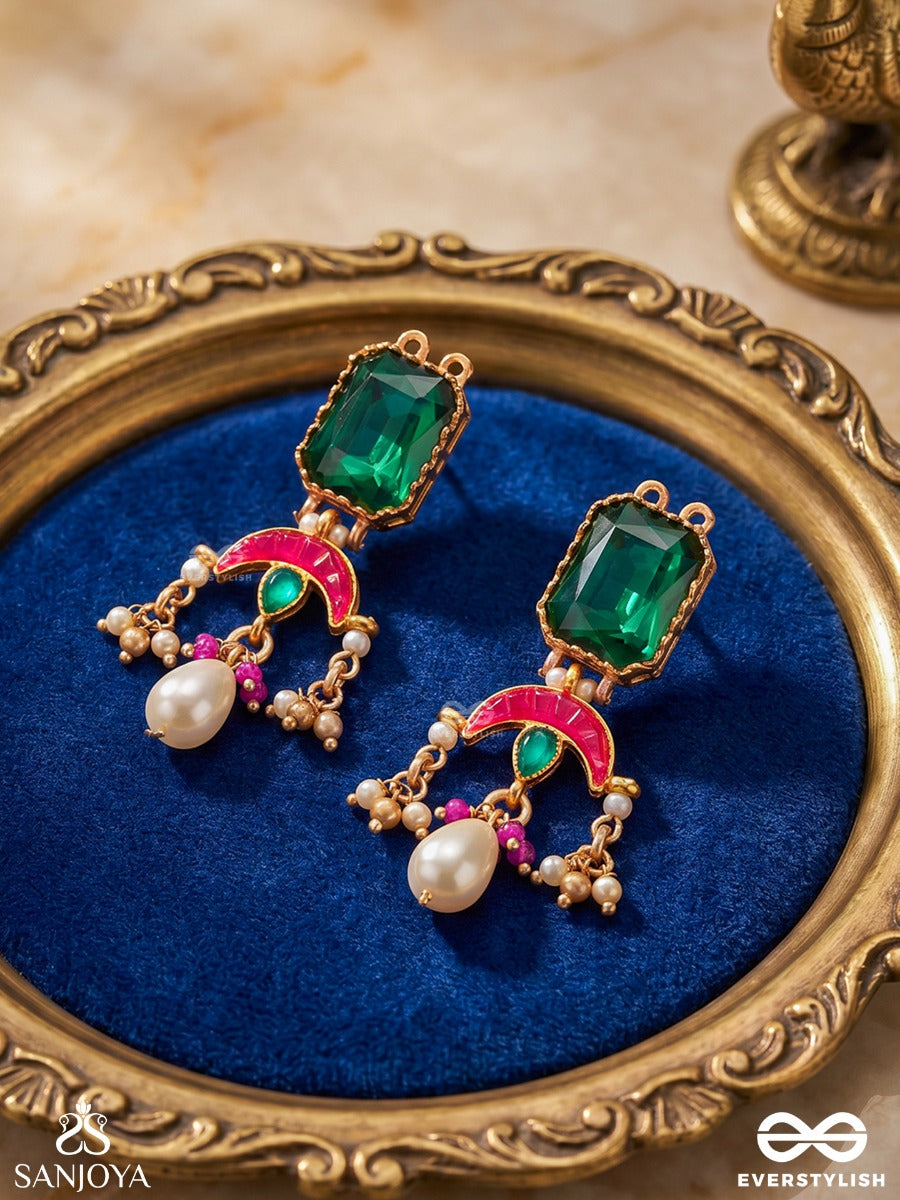 Shyamratna - Deep Green Gem - Elegant Earrings With Faceted Stone And Enamelled Detail With Drop Accents