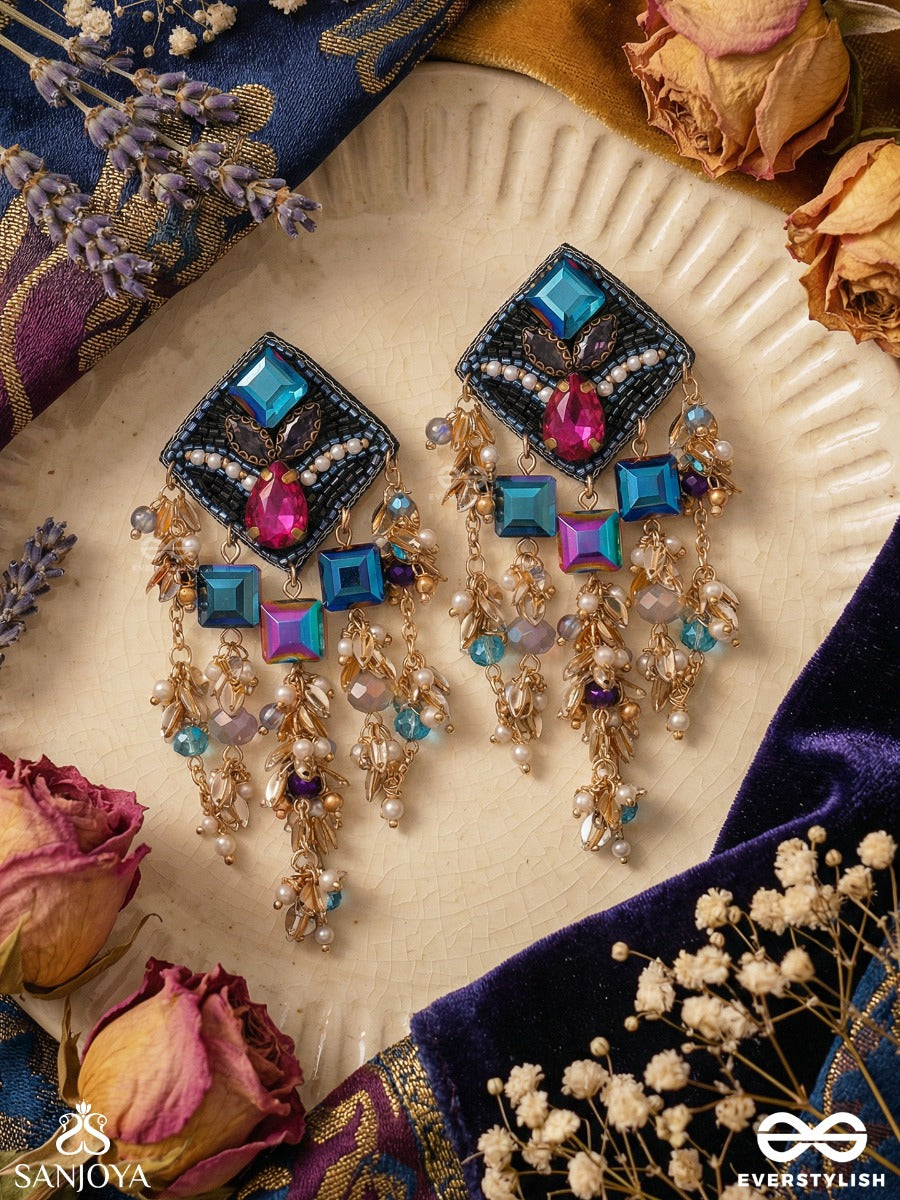 Vasuneelika - Treasured Blue Form - Statement Earrings With Gem Clusters And Ornamental Cascade Details