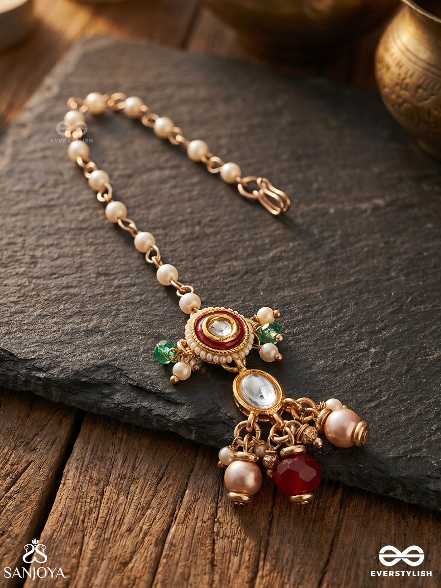 Vasusmita - Treasured Grace - Ornate Maangtika With Gemmed Centre And Dangling Stone Details