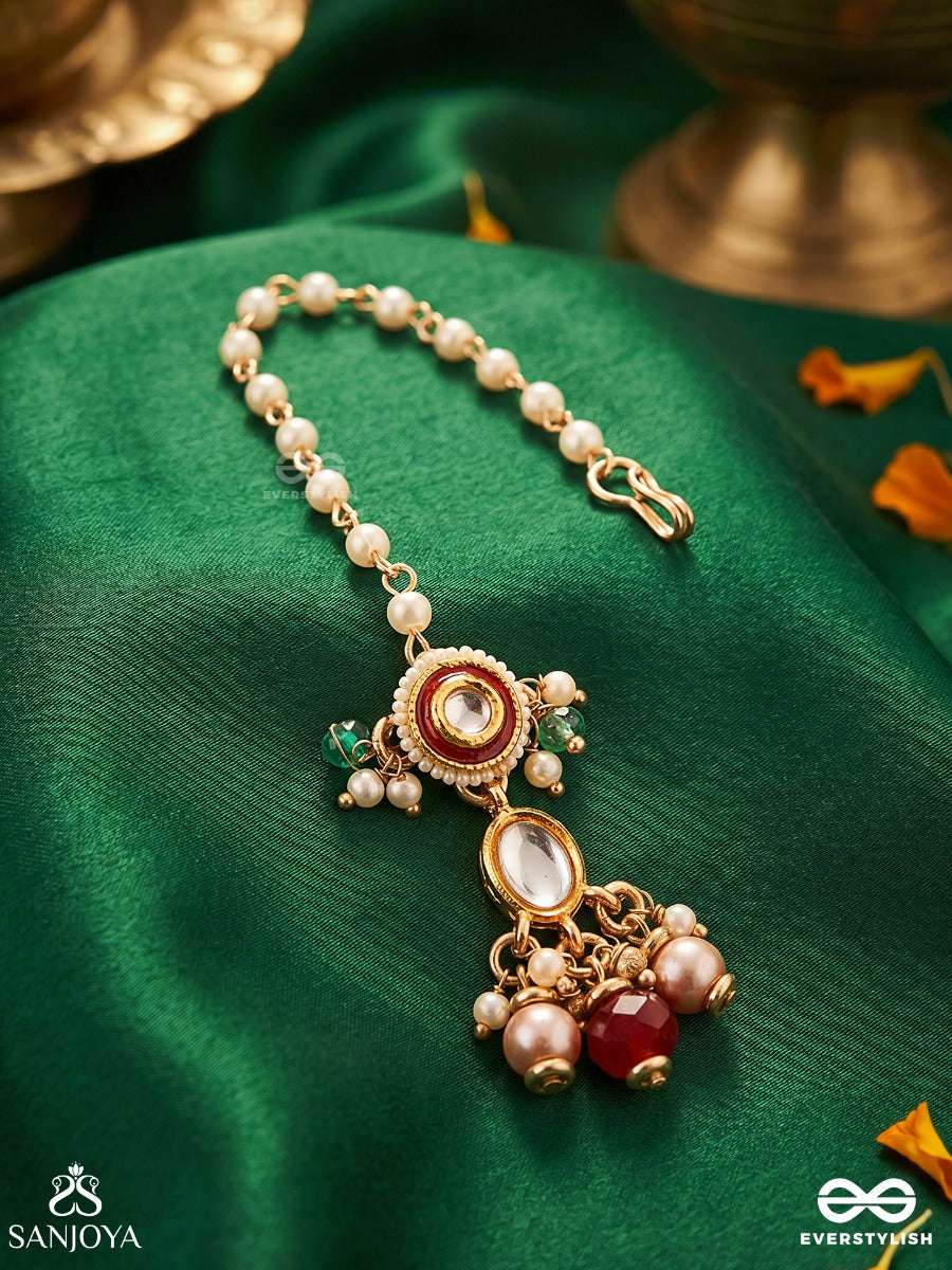 Vasusmita - Treasured Grace - Ornate Maangtika With Gemmed Centre And Dangling Stone Details