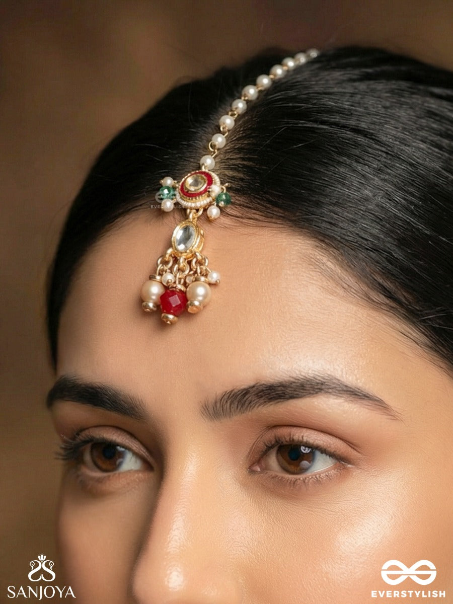 Vasusmita - Treasured Grace - Ornate Maangtika With Gemmed Centre And Dangling Stone Details