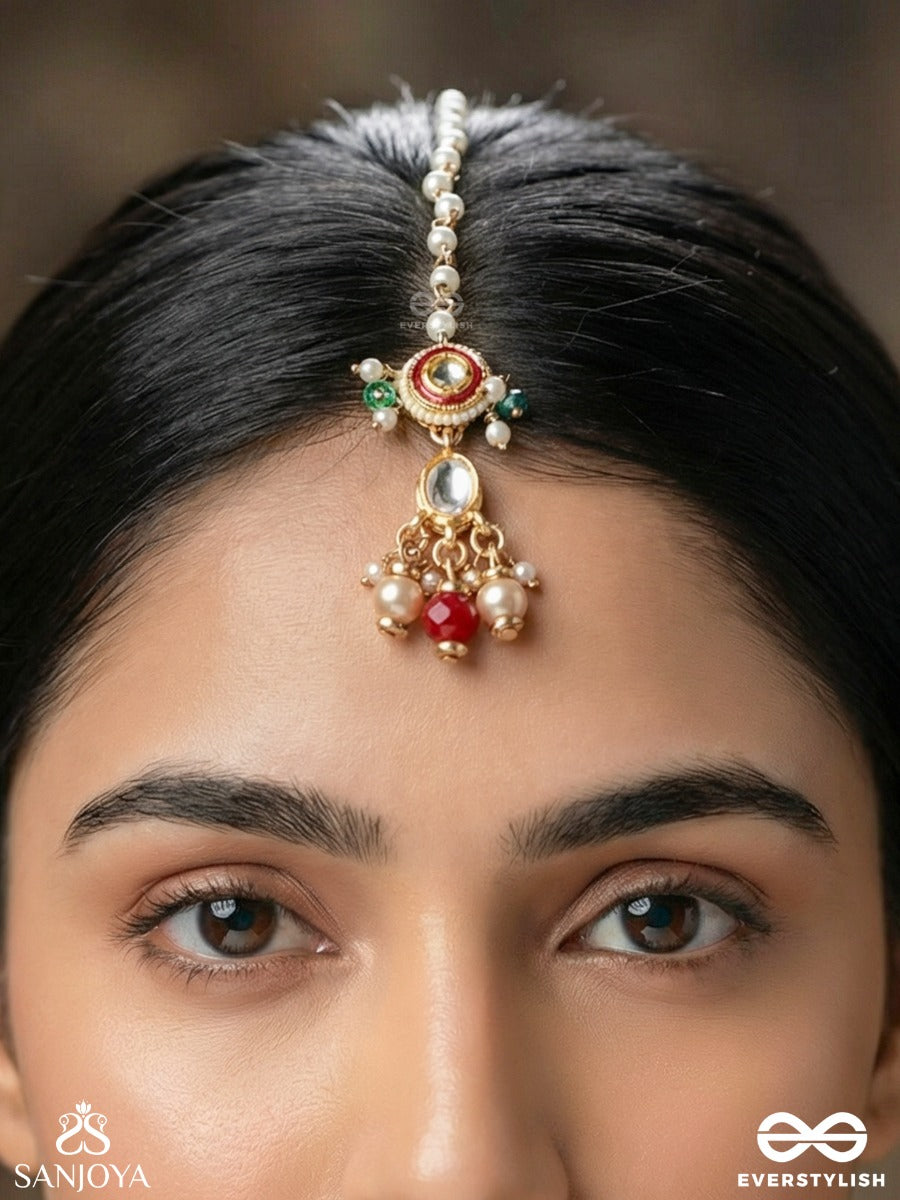 Vasusmita - Treasured Grace - Ornate Maangtika With Gemmed Centre And Dangling Stone Details