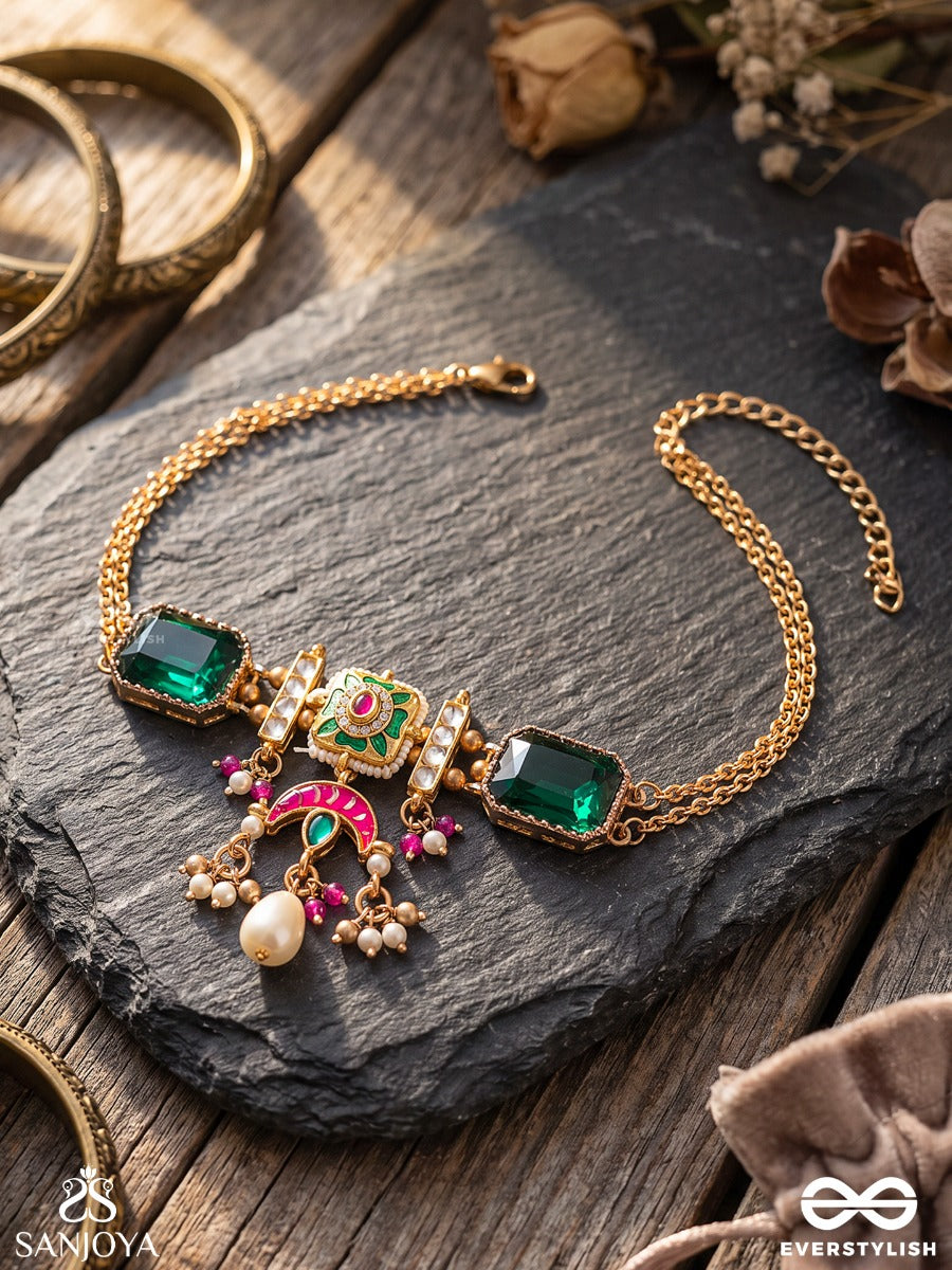 Shyamratna - Deep Green Gem - Ornate Necklace With Gemmed Panels And Dangling Accents