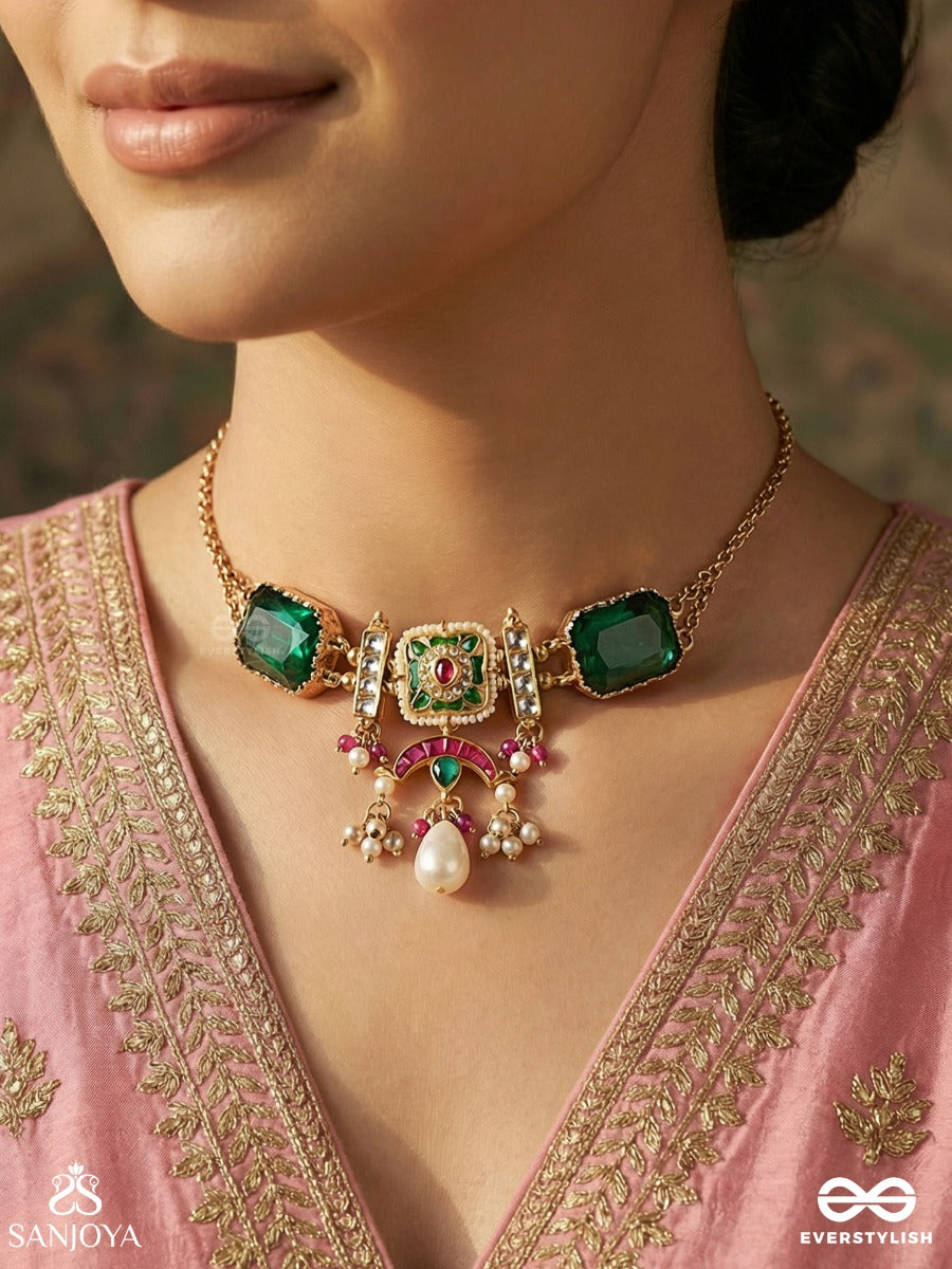 Shyamratna - Deep Green Gem - Ornate Necklace With Gemmed Panels And Dangling Accents