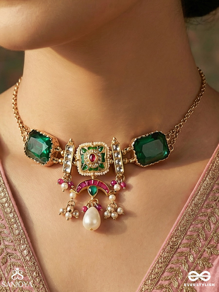 Shyamratna - Deep Green Gem - Ornate Necklace With Gemmed Panels And Dangling Accents