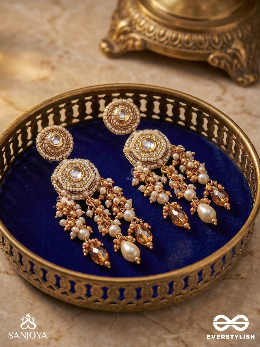 Manidharika - Holder Of Jewels - Festive Earrings With Embellished Panels And Multi-Pearl Danglers