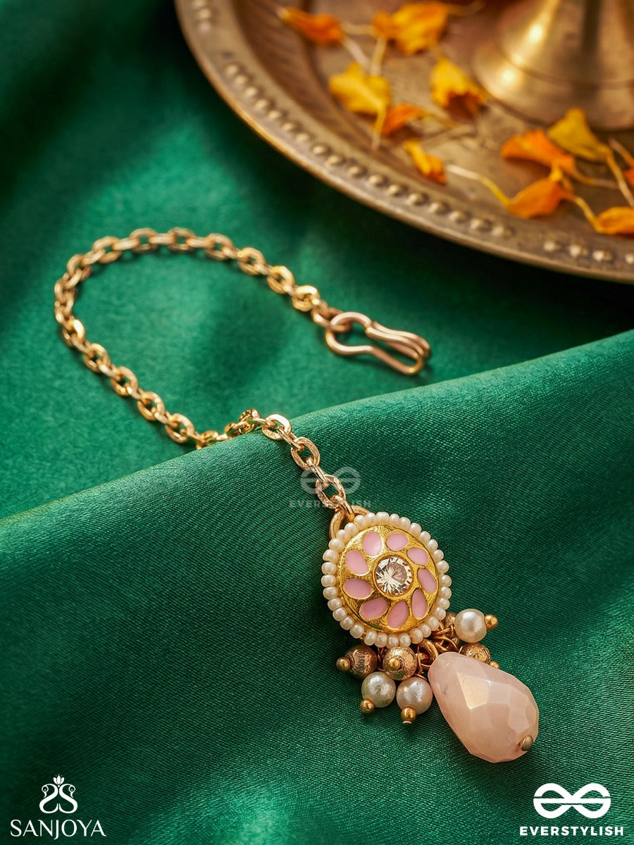 Kumudleena - Water Bloom - Minimal Maangtika With Floral Panel And Single Drop Detail