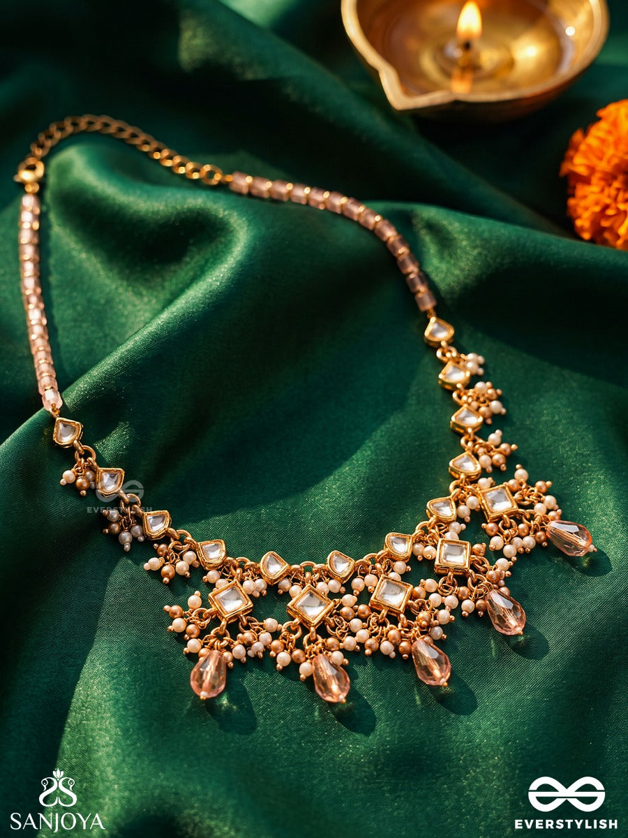 Shashirekha - Line Of The Moon - Elegant Necklace With Repeating Polki Links And Cascading Crystal Drop Fringe