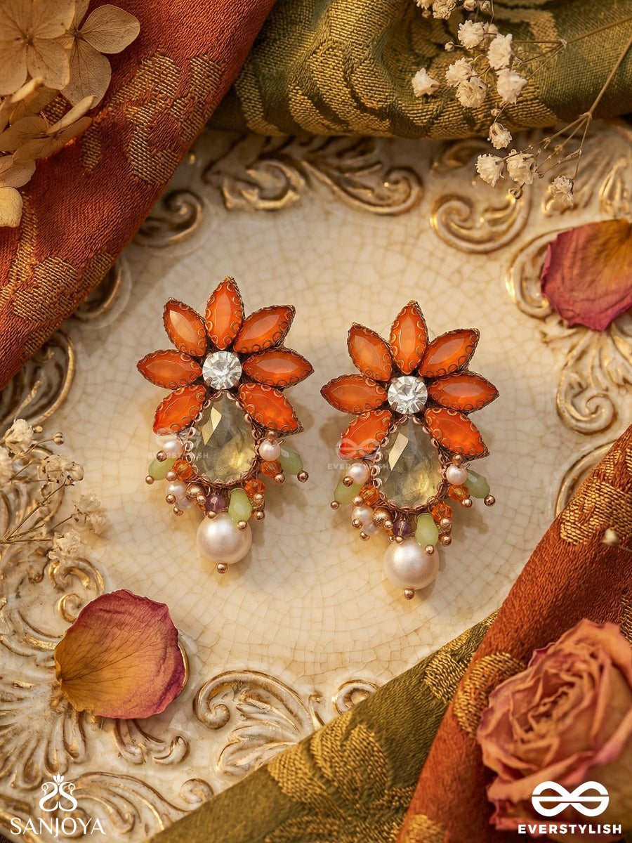 Arunpankti - Line Of Dawn - Statement Earrings With Petal Cluster And Gem Drop Accents