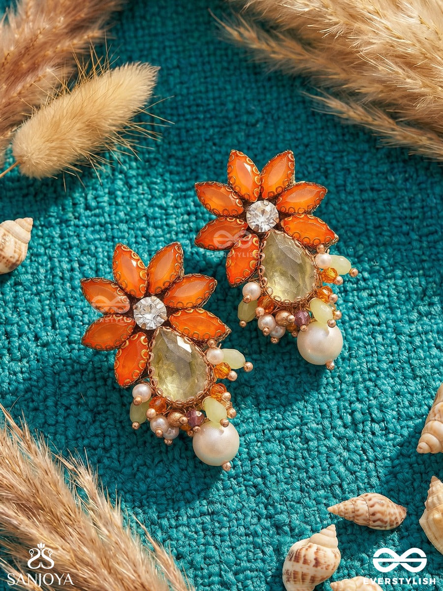 Arunpankti - Line Of Dawn - Statement Earrings With Petal Cluster And Gem Drop Accents