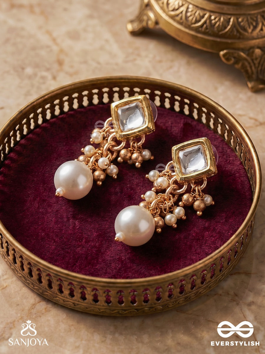 Chandrasara - Essence Of The Moon - Delicate Earrings With Polki Square Top And Pearl Drop Accents