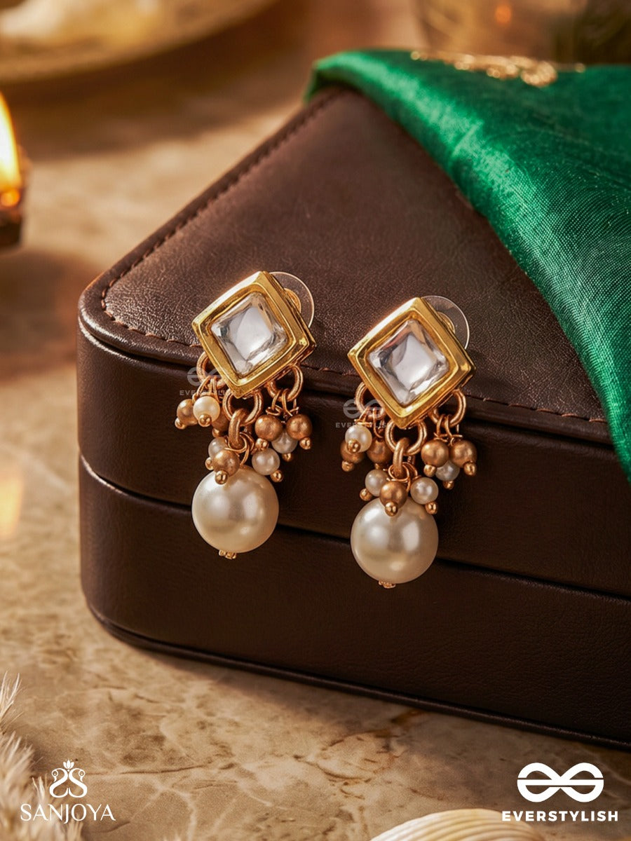 Chandrasara - Essence Of The Moon - Delicate Earrings With Polki Square Top And Pearl Drop Accents