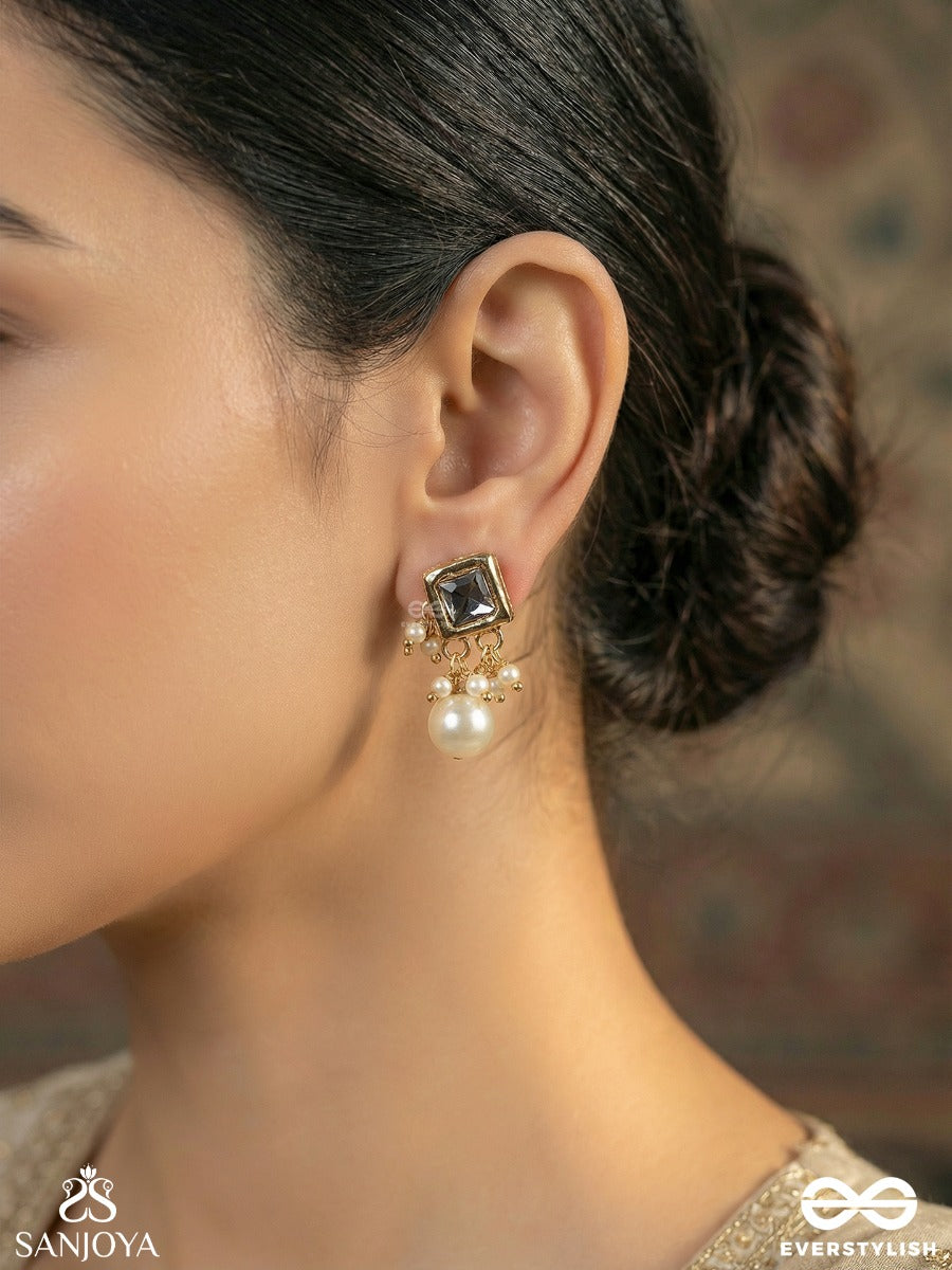Chandrasara - Essence Of The Moon - Delicate Earrings With Polki Square Top And Pearl Drop Accents