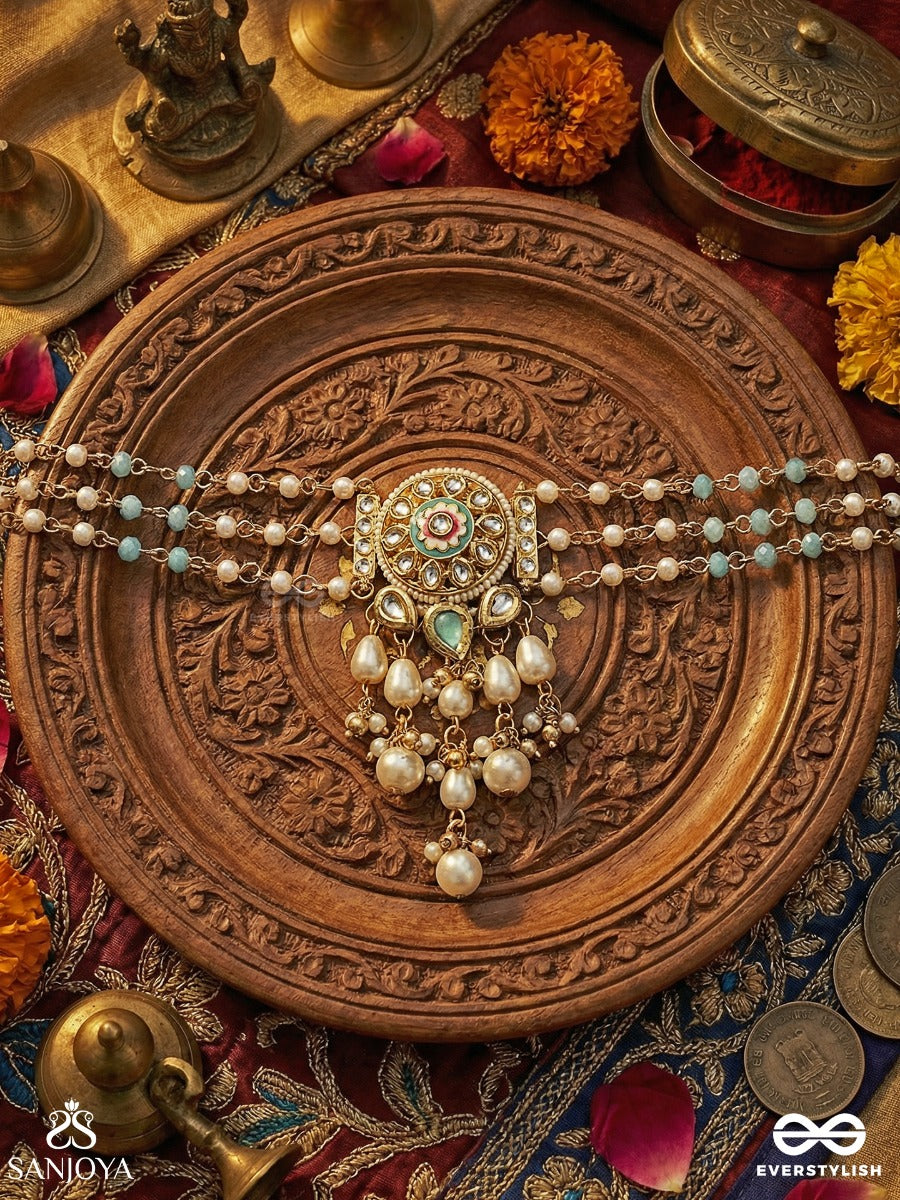 Taralprabha - Liquid Radiance - Delicate Necklace With Enamelled Medallion And Pearl Drop Cascade