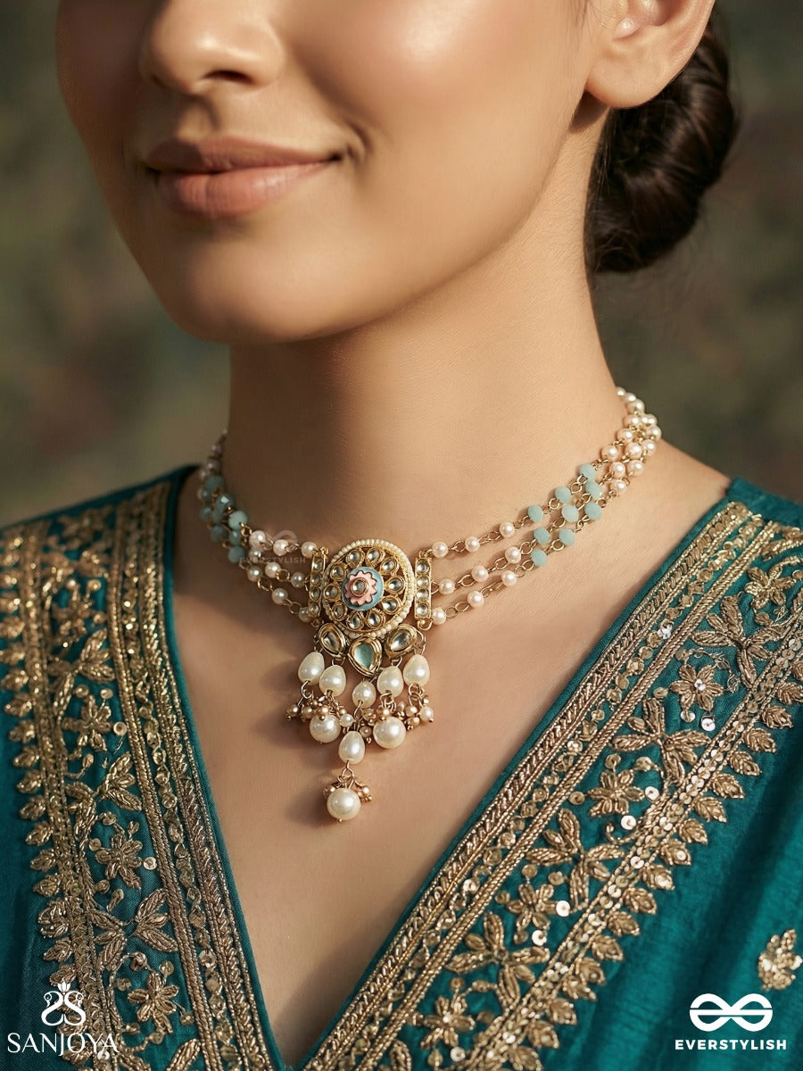Taralprabha - Liquid Radiance - Delicate Necklace With Enamelled Medallion And Pearl Drop Cascade
