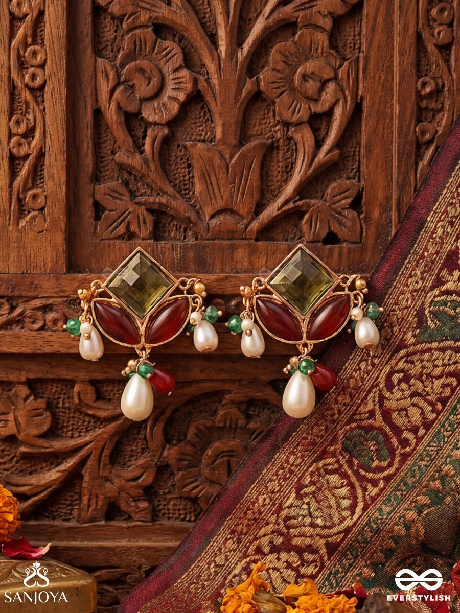 Chitravasini - One Adorned In Art - Delicate Earrings With Multi-Stone Panel And Dangling Pearls