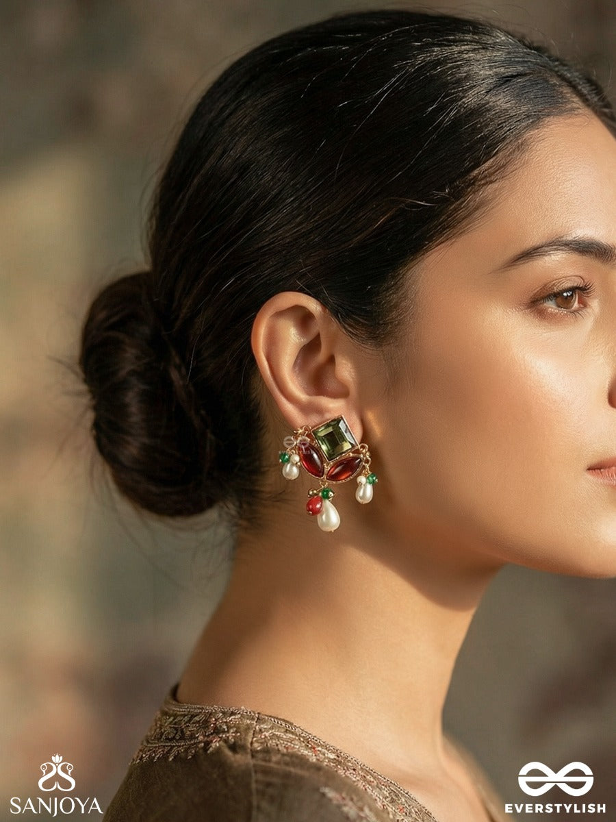 Chitravasini - One Adorned In Art - Delicate Earrings With Multi-Stone Panel And Dangling Pearls