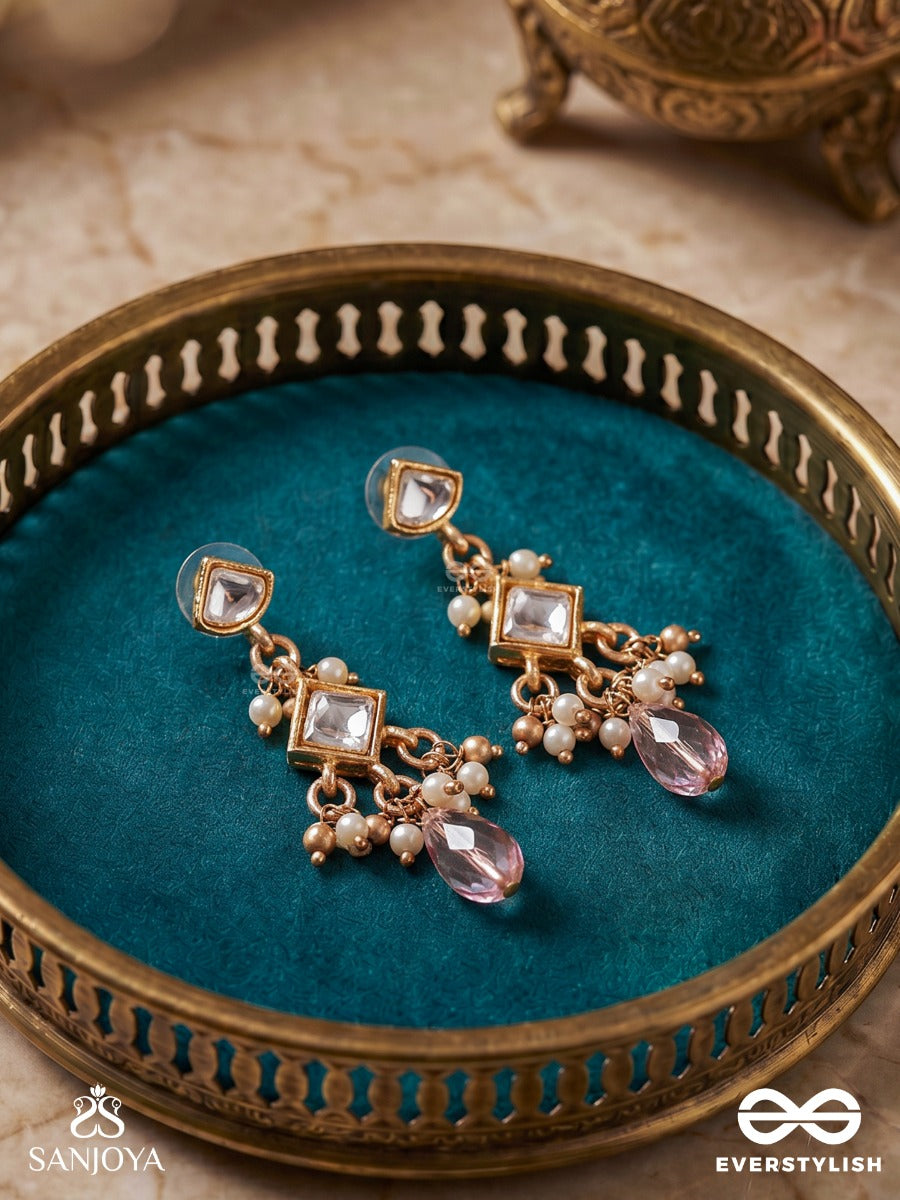 Shashirekha - Line Of The Moon - Ornate Earrings With Polki Diamond Motifs And Blush Crystal Drop Accents