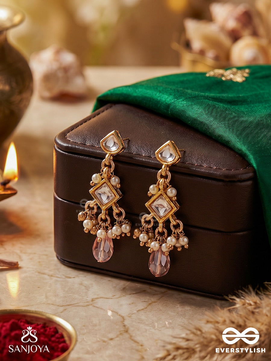 Shashirekha - Line Of The Moon - Ornate Earrings With Polki Diamond Motifs And Blush Crystal Drop Accents