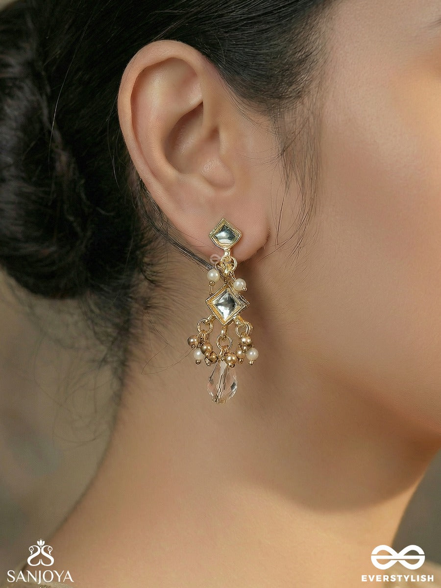 Shashirekha - Line Of The Moon - Ornate Earrings With Polki Diamond Motifs And Blush Crystal Drop Accents