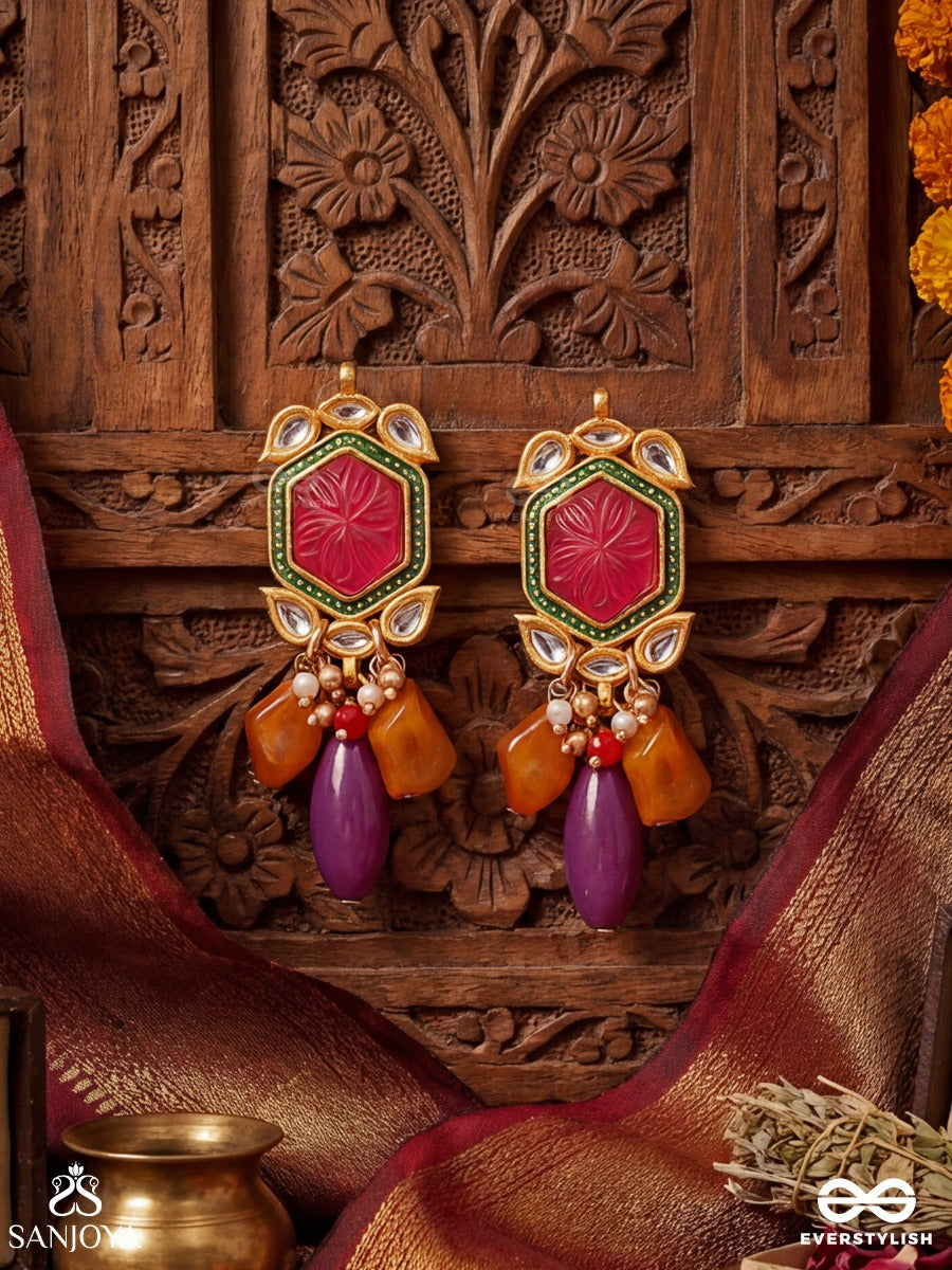 Manikantha - Jewelled Core - Statement Earrings With Hexagon Gem Panel And Multi-Stone Danglers