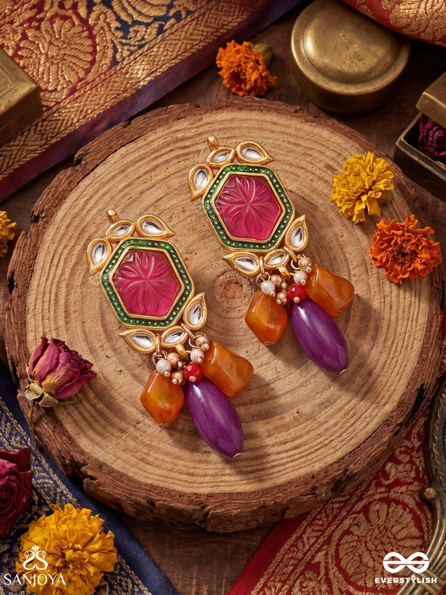 Manikantha - Jewelled Core - Statement Earrings With Hexagon Gem Panel And Multi-Stone Danglers