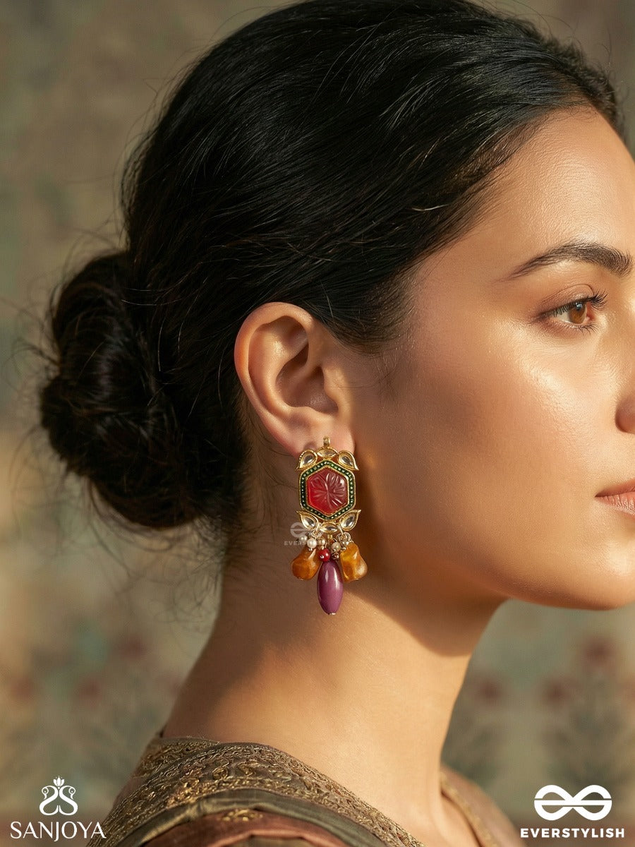 Manikantha - Jewelled Core - Statement Earrings With Hexagon Gem Panel And Multi-Stone Danglers