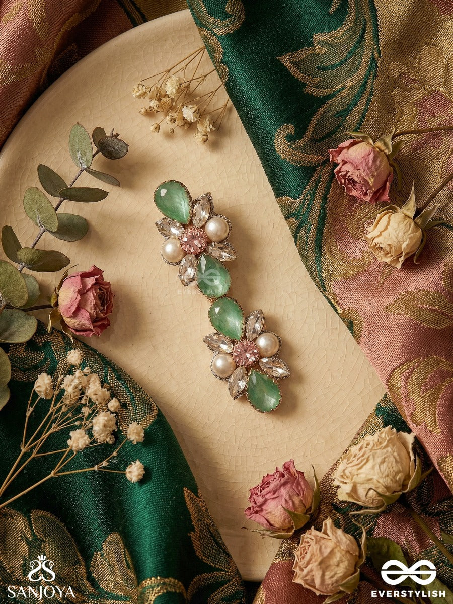 Mrinalpallavi - Lotus Blooming Form - Ornate Hair Clip With Floral Gem Clusters And Pearl Accents