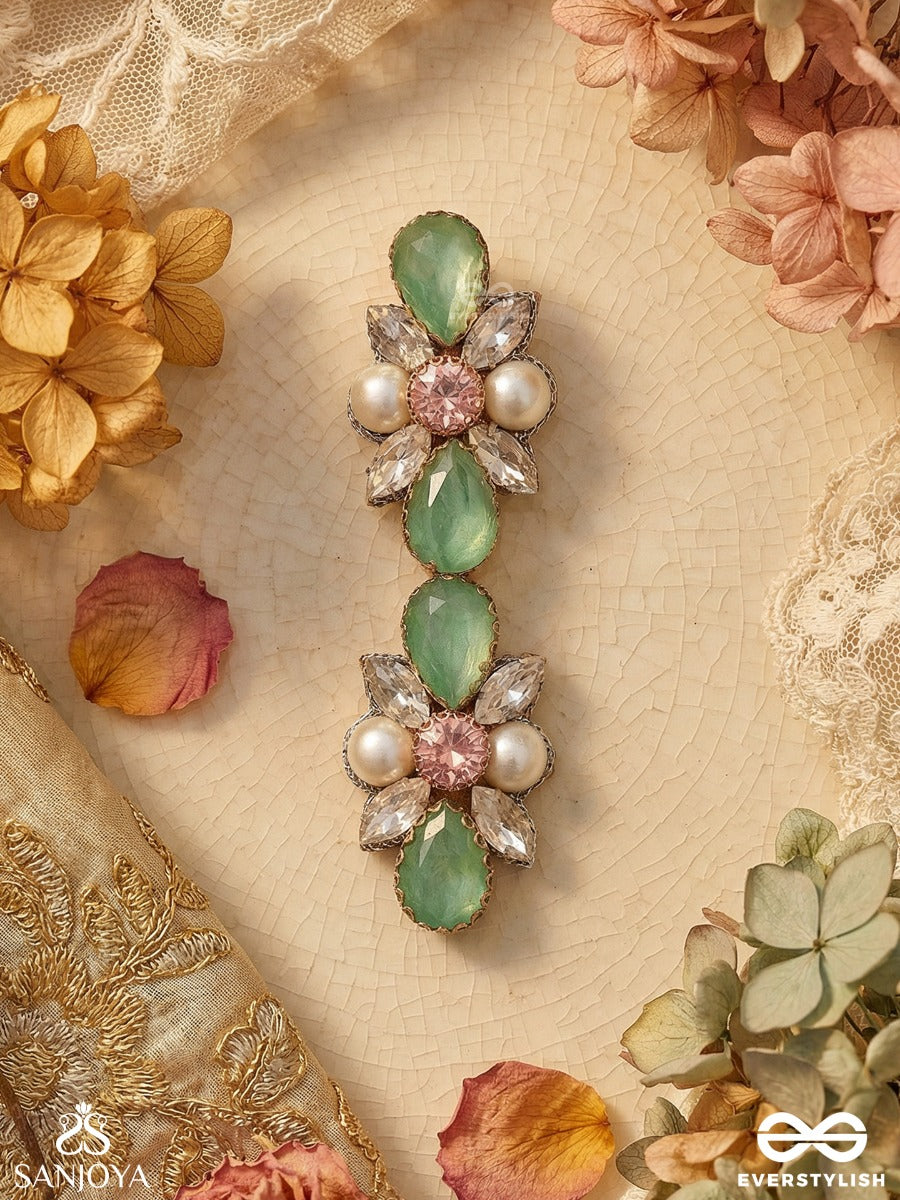 Mrinalpallavi - Lotus Blooming Form - Ornate Hair Clip With Floral Gem Clusters And Pearl Accents