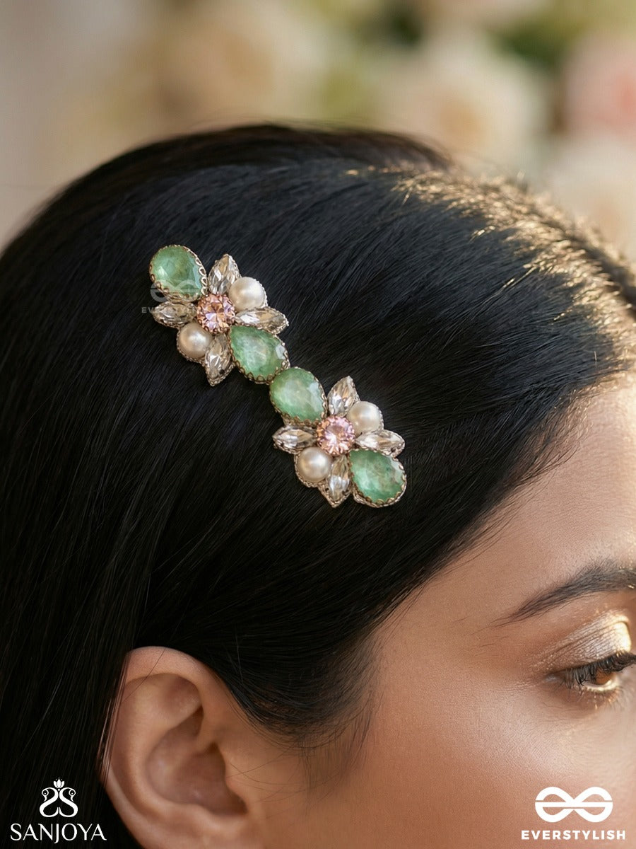 Mrinalpallavi - Lotus Blooming Form - Ornate Hair Clip With Floral Gem Clusters And Pearl Accents