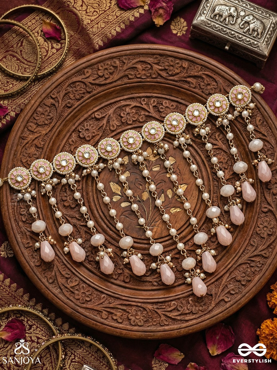Kumudleena - Water Bloom - Statement Necklace With Repeating Floral Motifs And Pearl Chain Cascade