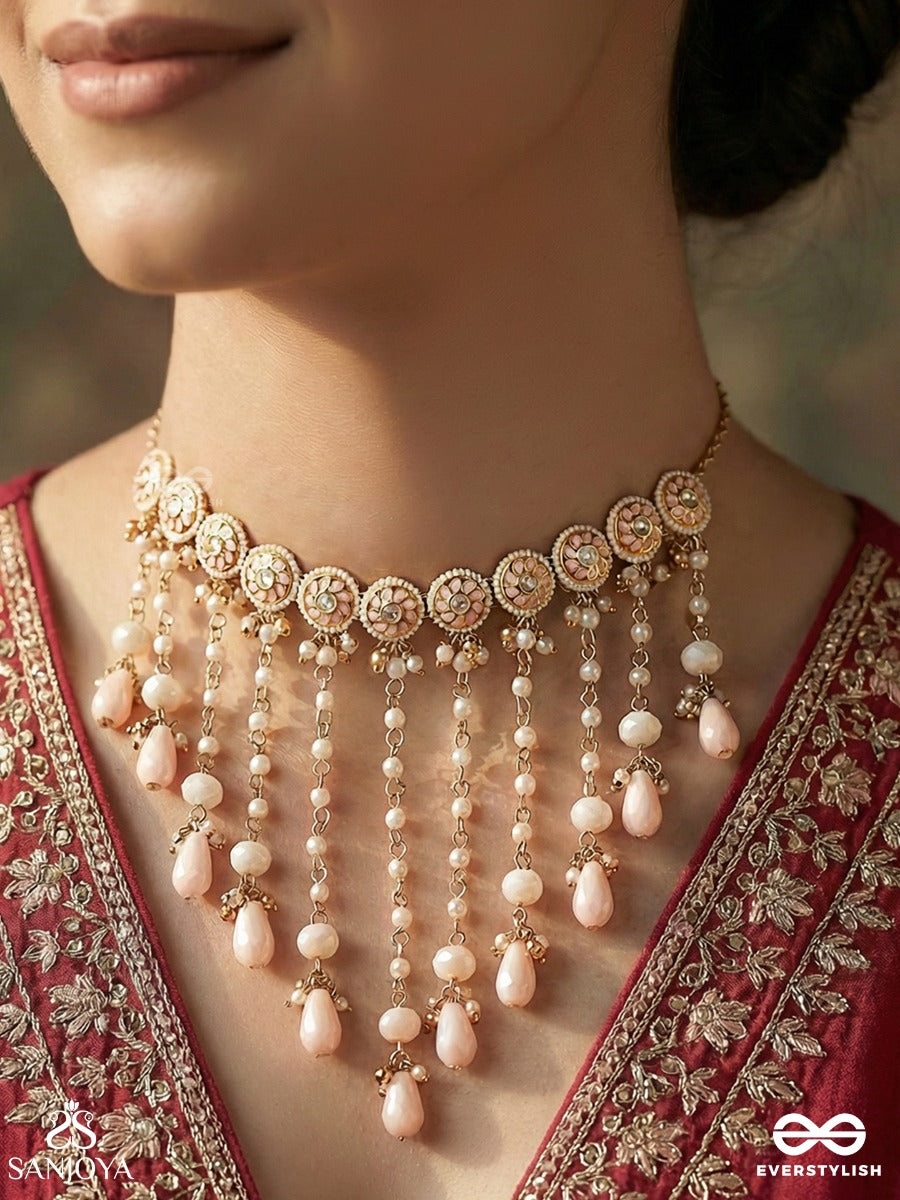 Kumudleena - Water Bloom - Statement Necklace With Repeating Floral Motifs And Pearl Chain Cascade