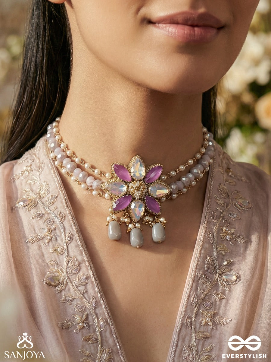 Mrigakshi - Deer-Eyed Grace - Elegant Pearl Necklace With Gemmed Flower Centre And Subtle Drops