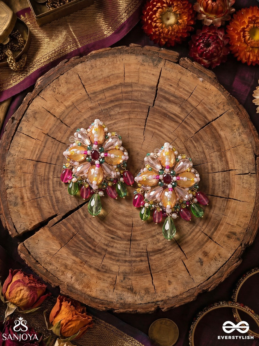 Rangmallika - Garland Of Colours - Statement Earrings With Floral Gem Cluster And Dangling Crystal Drops