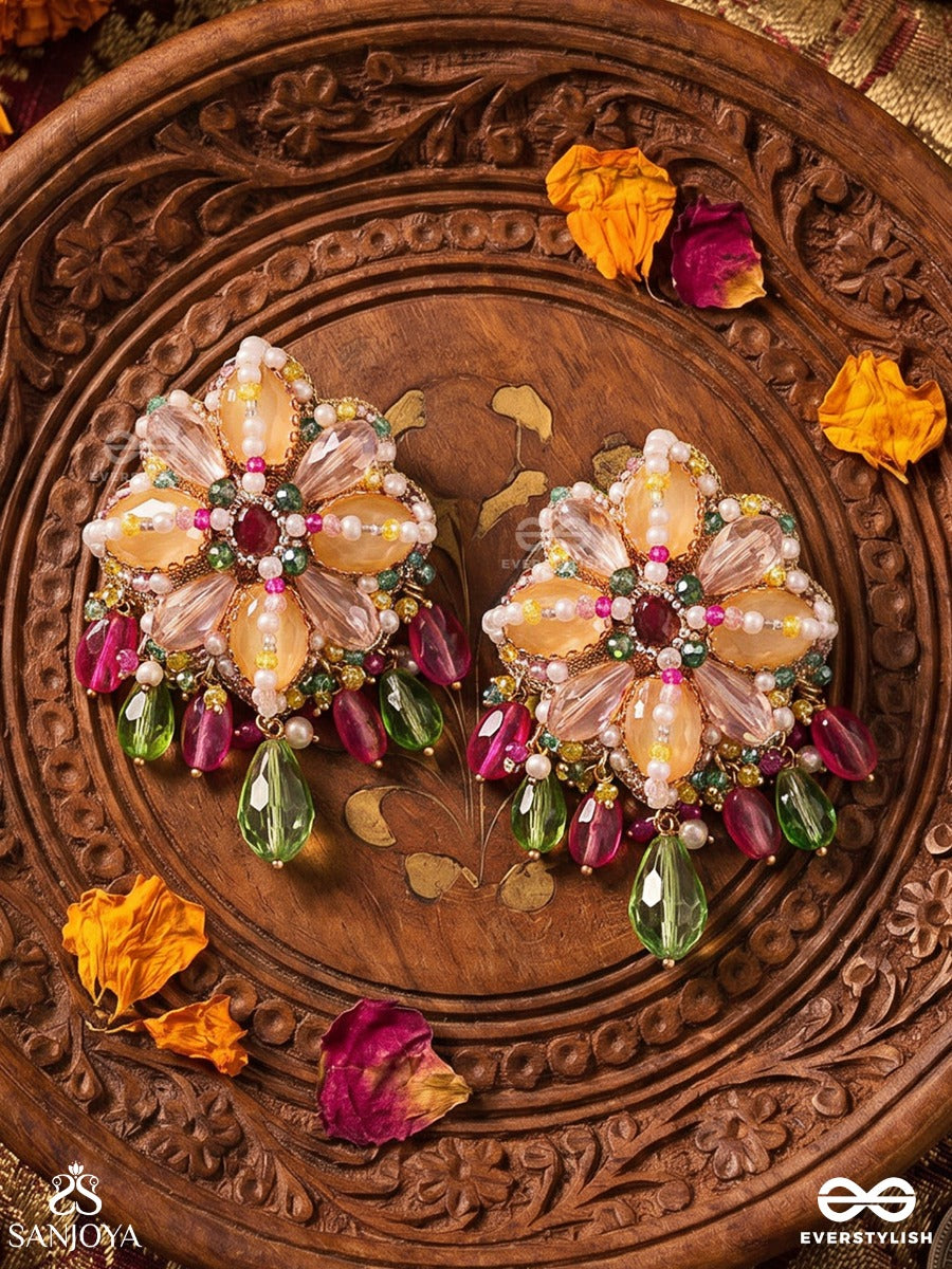 Rangmallika - Garland Of Colours - Statement Earrings With Floral Gem Cluster And Dangling Crystal Drops