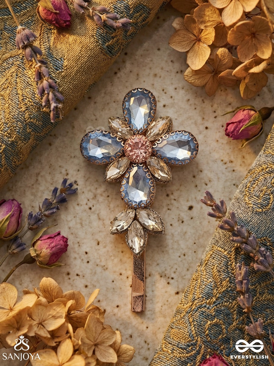 Neelkusumi - Blue Bloom - Statement Hair Clip With Faceted Stone Petals And Floral Design