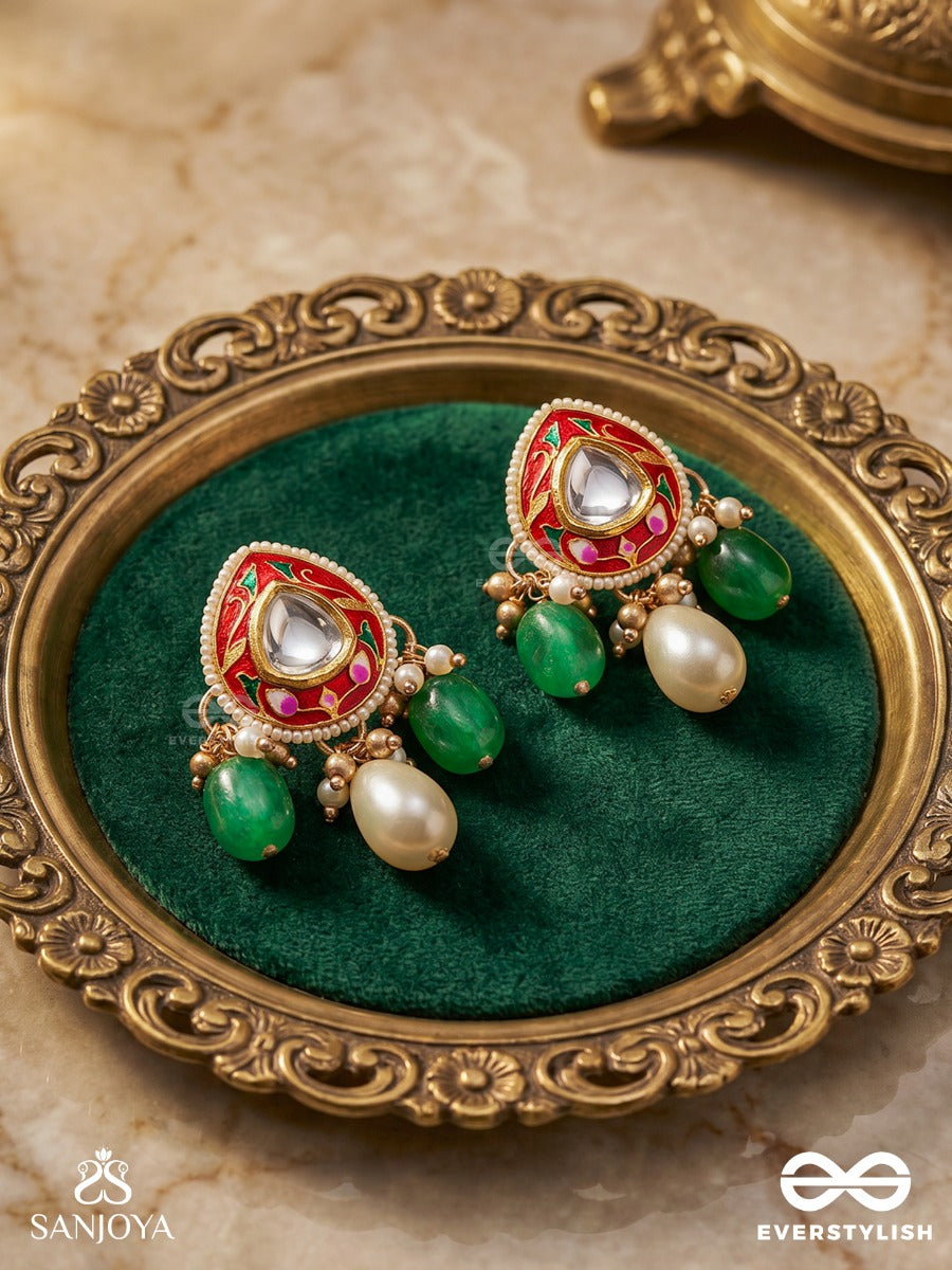 Rangshringara - Ornament Of Colours - Statement Earrings With Enamelled Teardrop Panel, Green Stone Drops And Pearl Accents