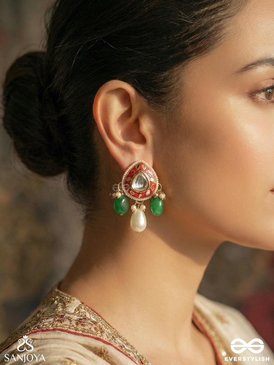 Rangshringara - Ornament Of Colours - Statement Earrings With Enamelled Teardrop Panel, Green Stone Drops And Pearl Accents