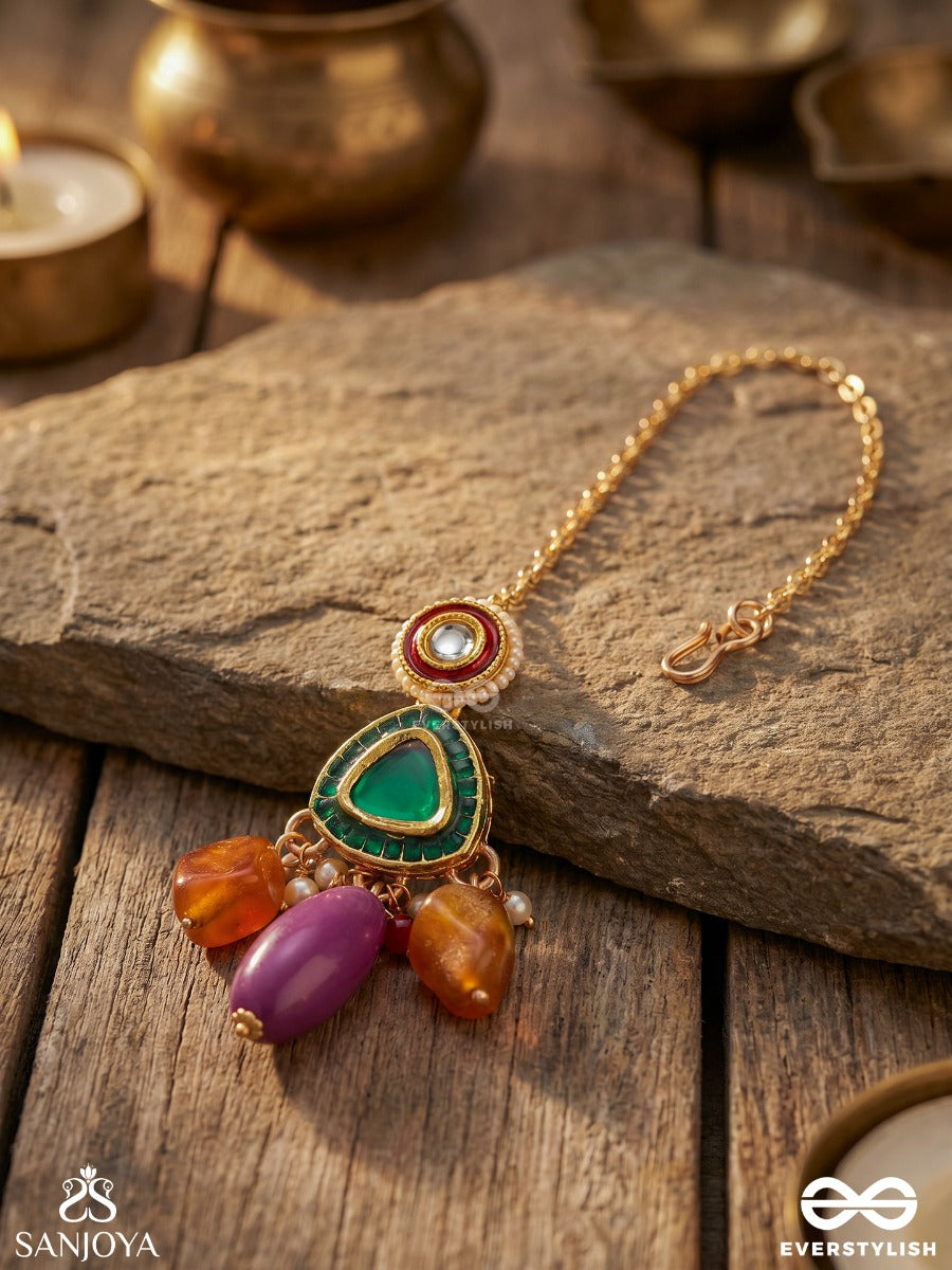 Haritkamini - Verdant Beauty - Ornamental Maangtika With Gemmed Centre And Multi-Stone Danglers