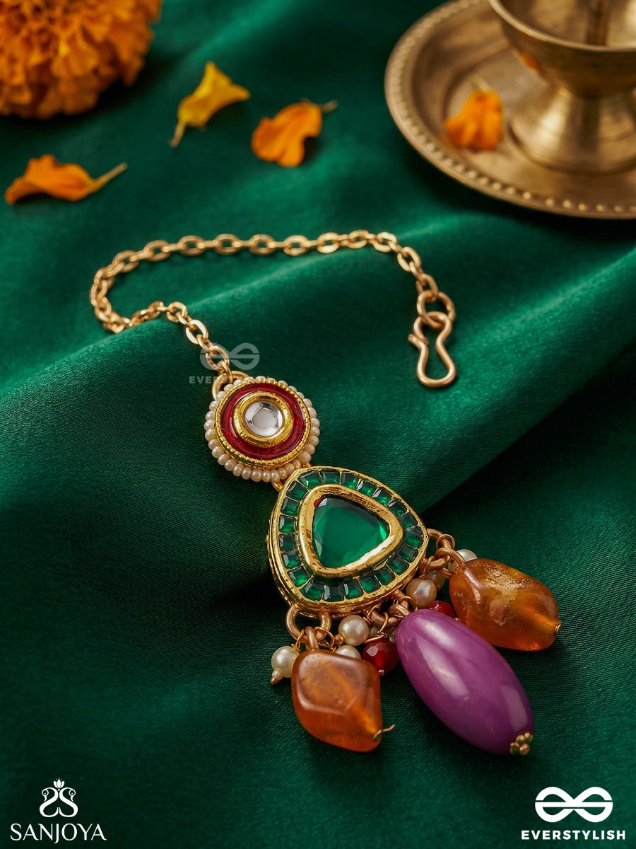 Haritkamini - Verdant Beauty - Ornamental Maangtika With Gemmed Centre And Multi-Stone Danglers