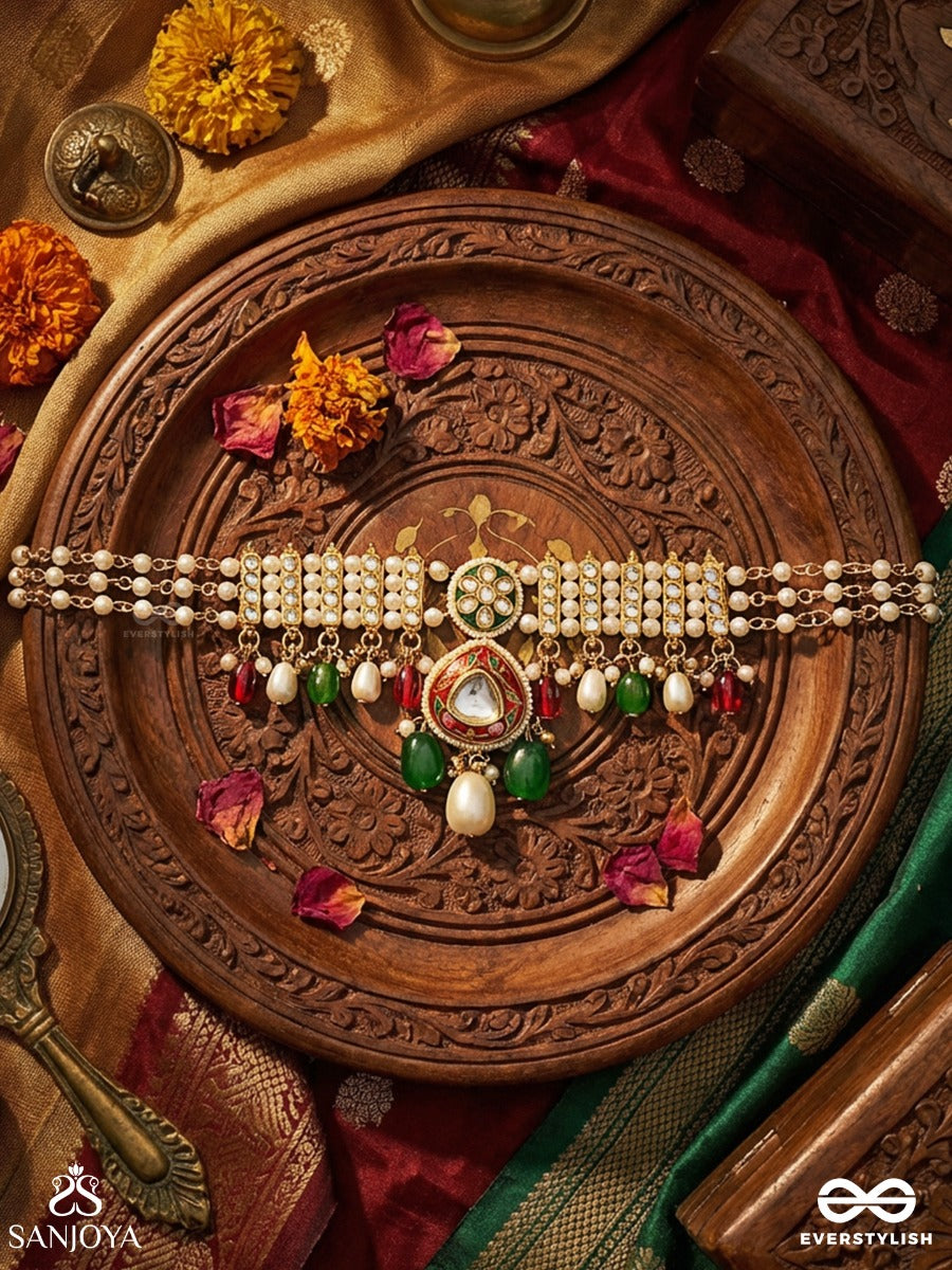 Rangshringara - Ornament Of Colours - Festive Necklace With Layered Pearl Strands, Enamelled Pendant And Multi-Gem Drop Accents