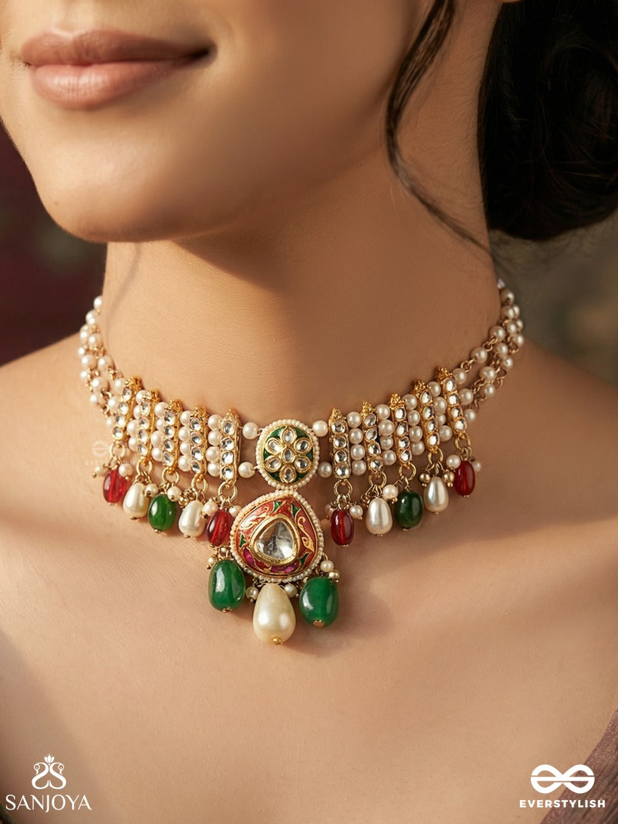 Rangshringara - Ornament Of Colours - Festive Necklace With Layered Pearl Strands, Enamelled Pendant And Multi-Gem Drop Accents