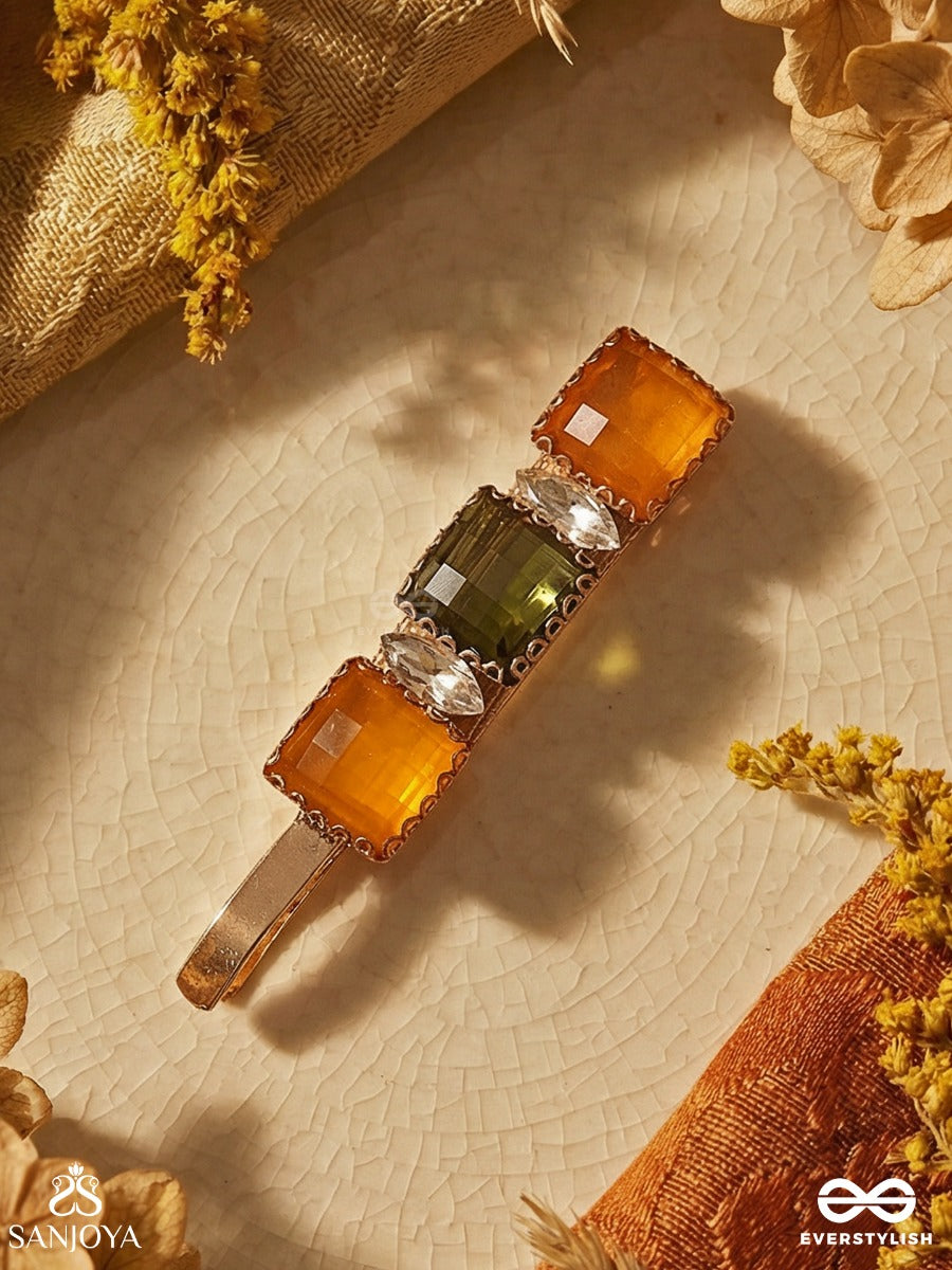 Trirangika - Three Hues - Statement Hair Clip With Stacked Gem Blocks And Golden Frame