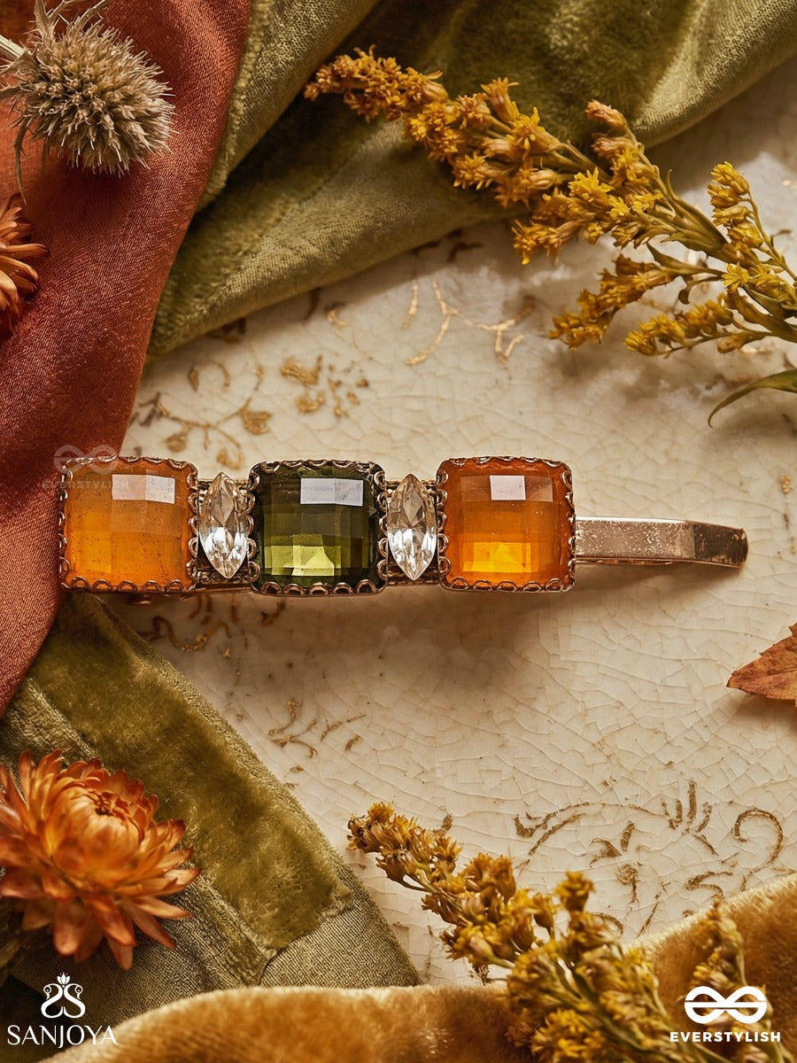 Trirangika - Three Hues - Statement Hair Clip With Stacked Gem Blocks And Golden Frame