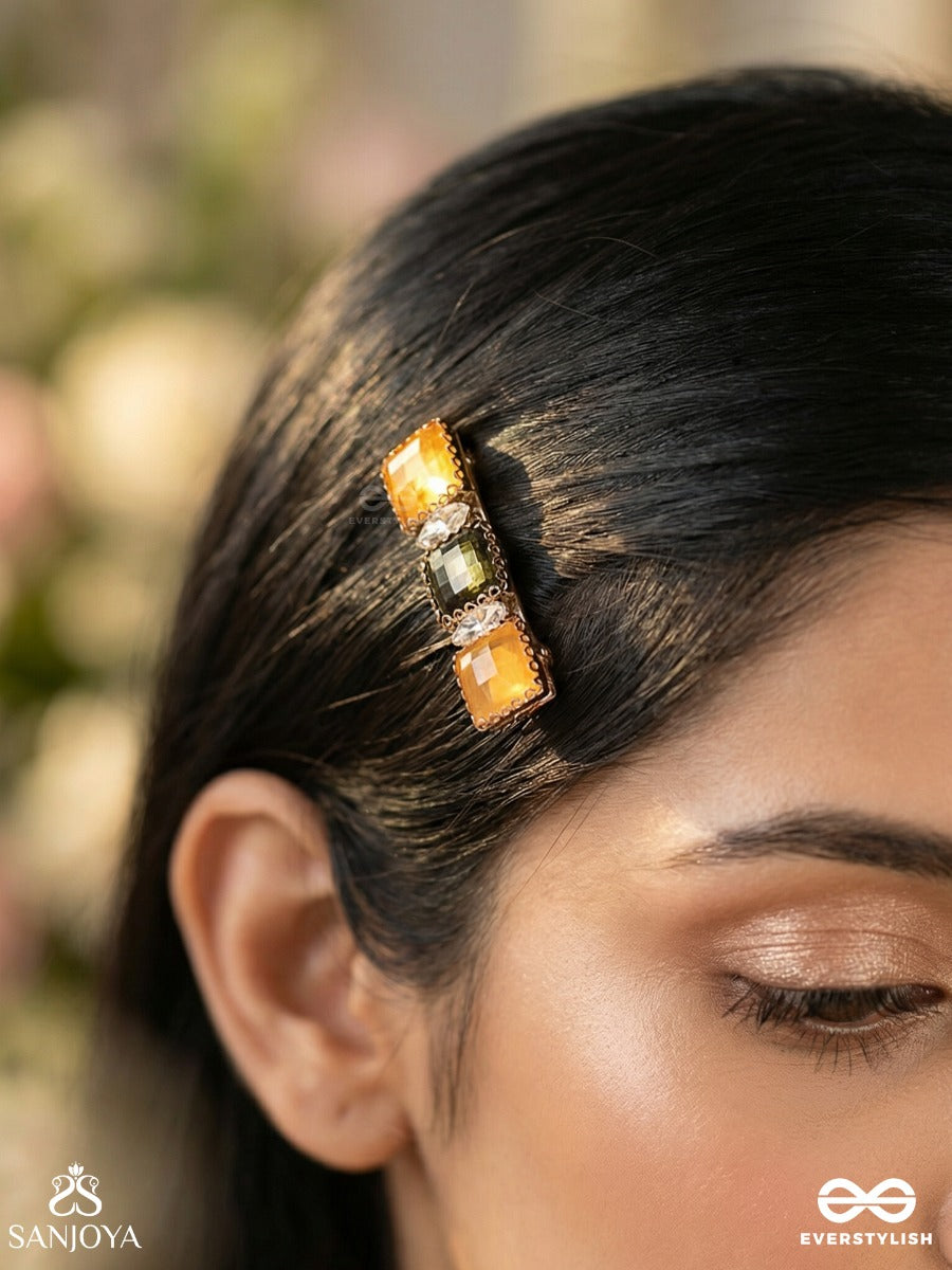 Trirangika - Three Hues - Statement Hair Clip With Stacked Gem Blocks And Golden Frame