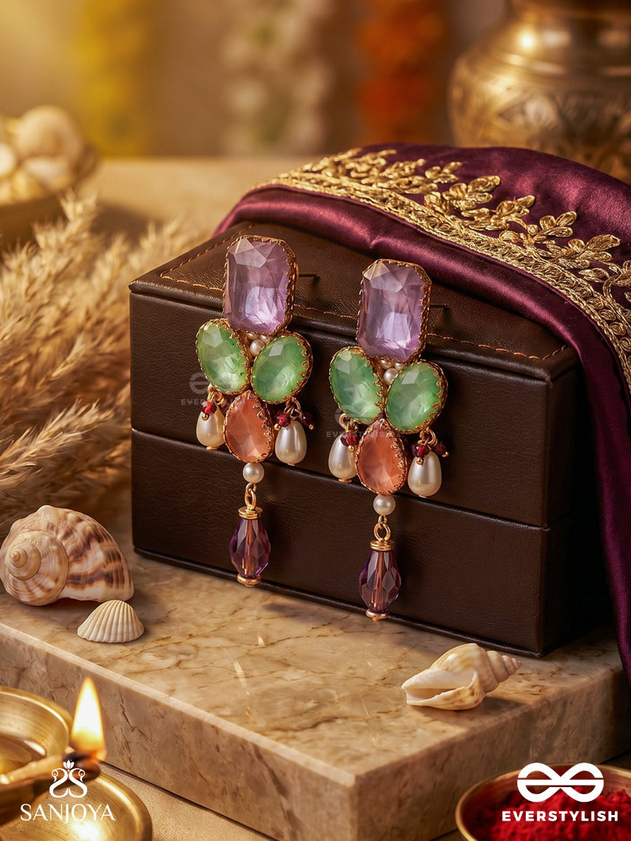 Varnamrita - Nectar Of Colours - Statement Earrings With Gem Cluster And Crystal Drop Detail