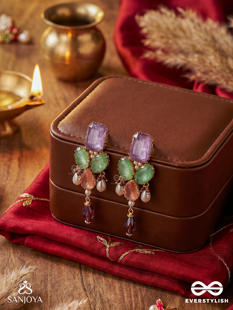 Varnamrita - Nectar Of Colours - Statement Earrings With Gem Cluster And Crystal Drop Detail